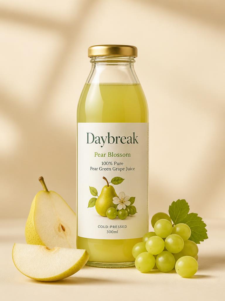 Pear Blossom Daybreak juice bottle