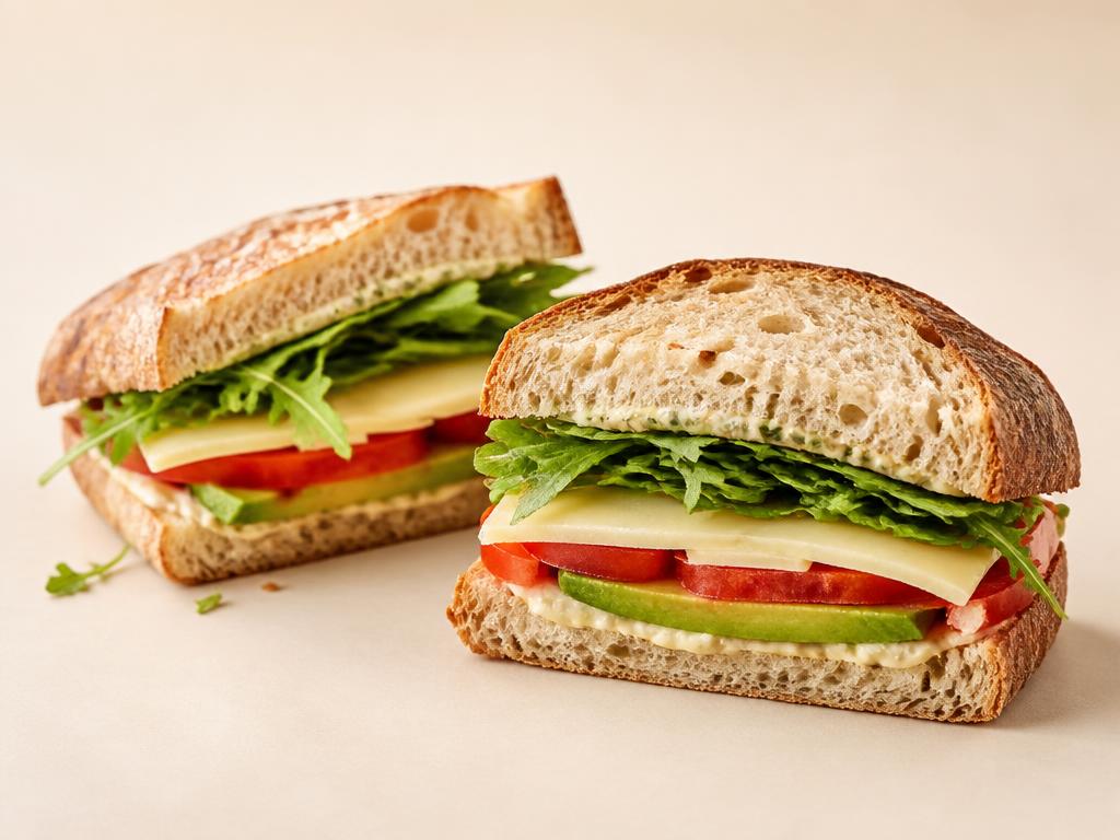 Fresh sourdough sandwich with avocado, tomato and greens